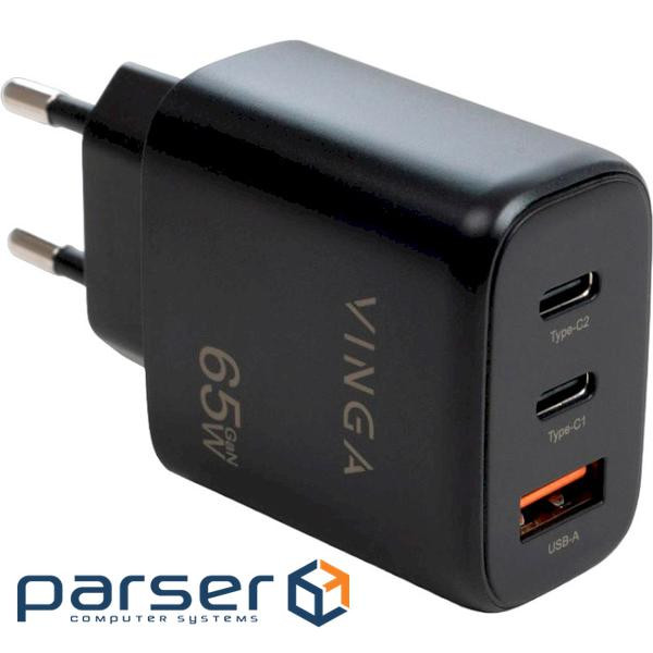 Зарядний пристрій Vinga GaN 65W PD+QC 2C1A ports Wall Charger (VCPCHCCA65B)
