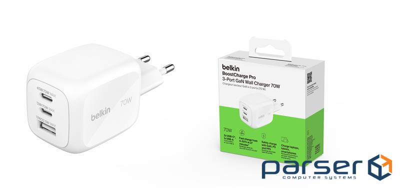 Зарядний пристрій мережевий Belkin 70Вт 2хUSB-С/USB-A GAN PD PPS, білий (WCH018HQWH)