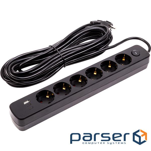 Мережевий фільтр PowerPlant 10м, 3x0.75мм2, 6 розеток, 1xUSB, 2xType-C, євро, 100% мідь(Y (EX610693)