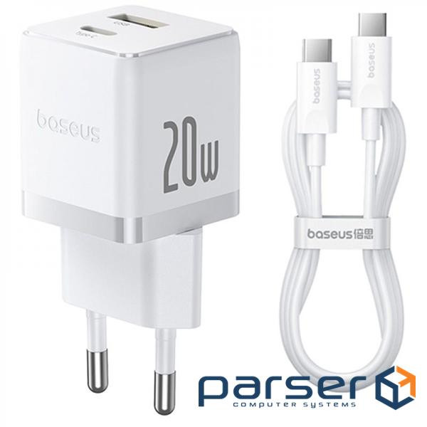 Зарядний пристрій Baseus 1xUSB-C 20W + 1xUSB white + cable USB-C to USB-C 60W 1.0m (P10111608213-01)