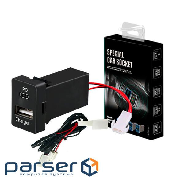 АЗУ врізне 38W-L01T03-С, PD+QC, Type-C: 20W, USB: 18W, комплект дротів з роз&apos,ємами, 33x22х58mm, 58mm,