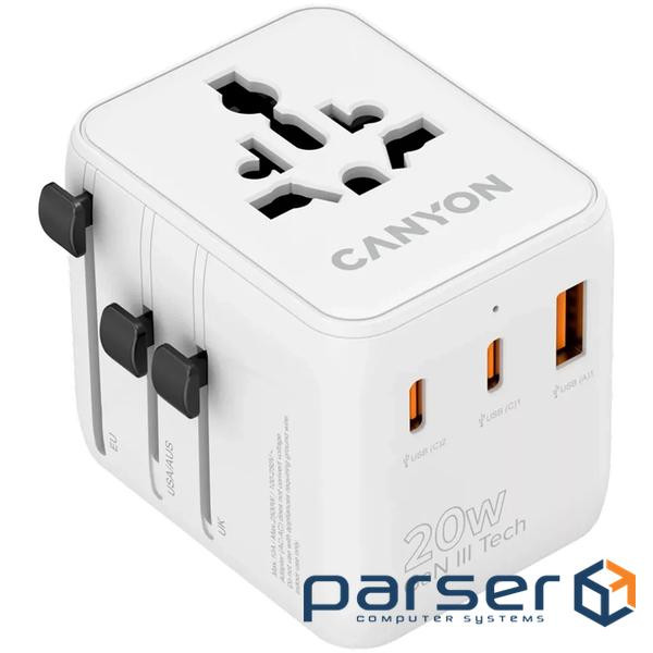 Зарядний пристрій Canyon OnTour 20 2xUCB-C + USB-A EU/UK/US/AUS 20W White (CNS-TA20W1005W)