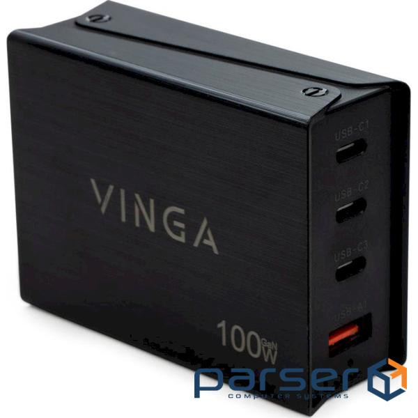 Зарядний пристрій Vinga GaN 100W PD+QC 3C1A ports 1.2m Wired Charger (VCPCH100CB)