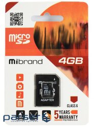 Карта пам'яті microSDHC, 4Gb, Class6, Mibrand, SD адаптер (MICDC6/4GB-A)