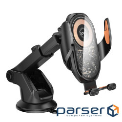 Автотримач HOCO HW34+ Wireless Charging 15W, кріплення на присосці, затискач 50-90мм, Black, Box