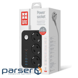 Фільтр мережевий ColorWay, 3 розетки, 2 м, Black, 3xUSB (12 Вт, QC3.0), 3xType-C (20 В (CW-CHE36PDB)