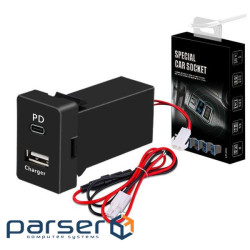 АЗУ врізне 38W-L01T03-S, PD+QC, Type-C: 20W, USB: 18W, комплект дротів під паяння, 33x22х58mm, Black 58mm, Black