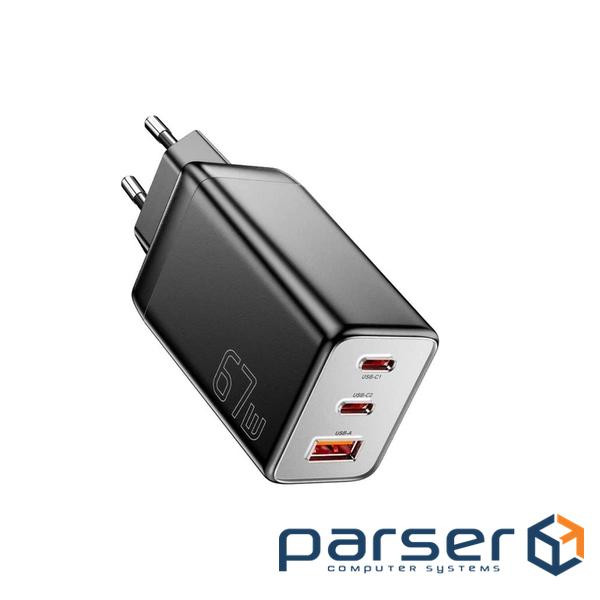 Зарядний пристрій Essager 2xUSB-C + 1xUSB PD67W QC4.0 FCP GaN black (ECT67W-LJB01-Z)