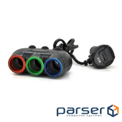 АЗУ розгалужувач + вольтметр Olesson 1633, 12V-3 * 12V + USB, Black, Blister (Ol-1633)