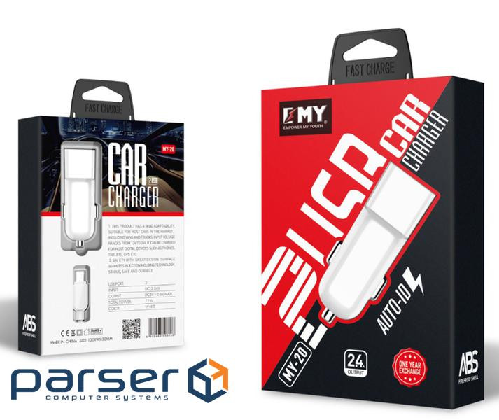 Набір 2 в 1 АЗП With Iphone Cable DC12-24V MY-20, 1 x USB, 5V/12W, Output: 5V/2.4A, W (YT-KBMY-20-L)