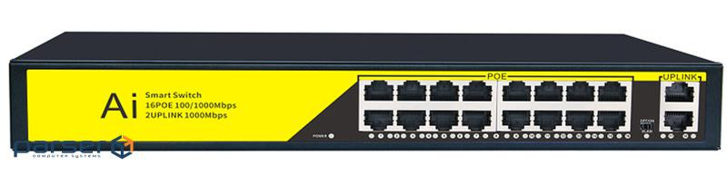 POE комутатор гігабітний Merlion 16 POE 10 / 100 / 1000 + 2 RJ45 10 / 100 / 1000 вбудовани (YT41641)