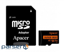 Карта пам'яті APACER microSDXC 512GB UHS-I U3 V30 A2 Class 10 + SD-adapter (AP512GMCSX10U8-R)