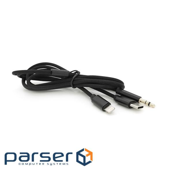 Перехідник KIN KY-233 Jack 3.5mm(M)=>Type-C(M) +Lighting(M), 110см, Black, Box , Black, Box