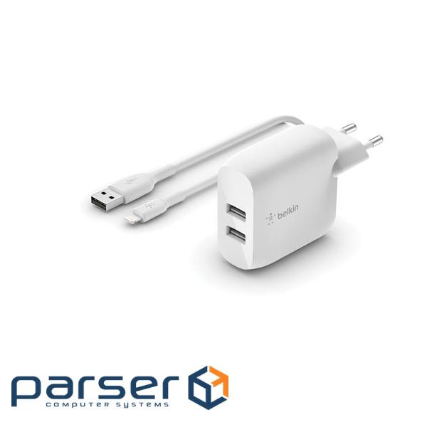 Зарядний пристрій Belkin Home Charger 24W DUAL USB 2.4A, Lightning 1m, white (WCD001VF1MWH)