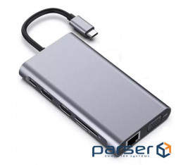 Перехідник моніторний USB Type-C-HDMI M/F,+VGA +PD87W 4xUSB +RJ45 +Cardrea,срібний (62.09.8375-1) (62.09.8375-1)