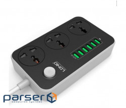 Surge protector LDNIO SC3604, 3 Sockets + 6 USB, 2 m, cross-section 3x0.75mm , Black, Box