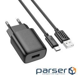 Набір СЗУ 110-240V HOCO C134A 1xUSB+ кабель Type-C, 2.4A, 1м кабель, Black, Blist (HOCO C134A / TcB)
