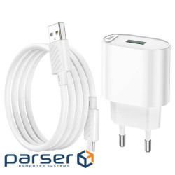 Набір СЗУ 110-240V HOCO C109A 1xUSB+ кабель Micro, 3.0A, кабель 1м, White, Blister (HOCO C109A / MW)