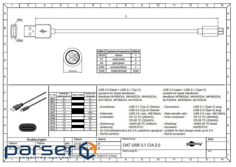 Кабель пристроїв USB Type-C-2.0A M/M 3.0m,(USB2.0) AWG28 SuperFast PD15W,білий (75.05.9132-1) (75.05.9132-1)