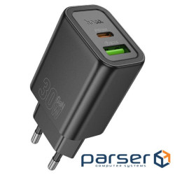 СЗУ HOCO N63 110-240V, PD30W+Q3.0, USB+Type-C, Black, Box (HOCO N63B)