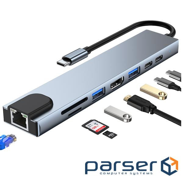 Адаптер Dynamode 8-в-1 USB-C to HDTV 4K/30Hz, RJ45, 1хUSB3.0, 1хUSB2.0, 1хUSB Type-C PD (BYL-2017L)