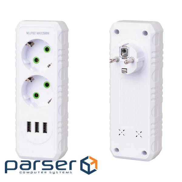 Розетка трійник із заземленням F102-White, 2 розетки+3USB(1А), 2500W, 10A, 110-250V~Max, Blister ), 2500W, 10A, 110-250V