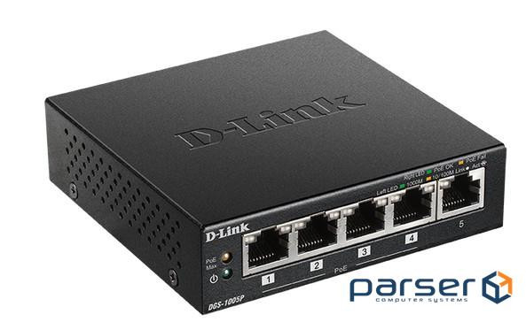 Комутатори D-Link DGS-1005P/E (5-Port 10000BaseTX Auto-Negotiating (NWAY) 10/100/1000Mbps, PoE Ports
