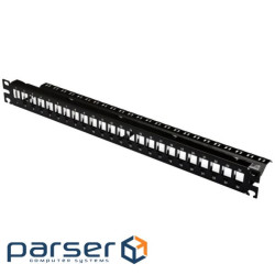 Патч-панель 19'' під 24 модулі Keystone, 1U із заднім організатором, заземл., чорна (CMS-PP24K19RM-B)