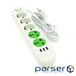 Мережевий фільтр F02U, 3 розетки EU + 2 розетки Universal + 3 USB, 1.5 м, перетин 3х0, (F02U-White) 0, (F02U-White)