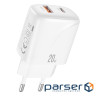Зарядний пристрій XO 1xUSB-C PD20W + 1xUSB QC3.0 White (L158.white)