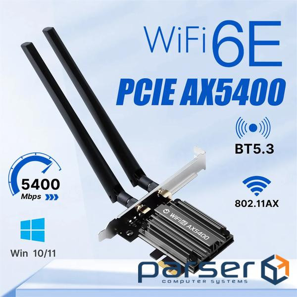 Мережева карта PCI-E x1, Fenvi PCE-AX5400, WiFi 6E (до 5374 Mbps), Bluetooth 5.3, радіатор, (MT7922)