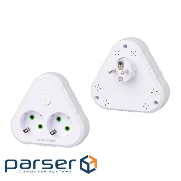 Розетка трійник із заземленням F201-White з вимикачем, 2 розетки, 2500W, 10A, 110-250V~Max, Blister , 2500W, 10A, 110-250V~Max, Blister