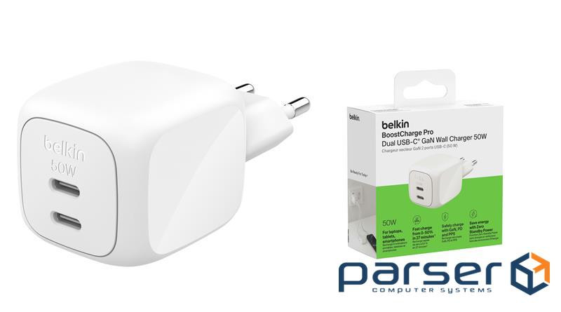 Зарядний пристрій мережевий Belkin 50Вт 2хUSB-С GAN PD PPS, білий (WCH019KQWH)