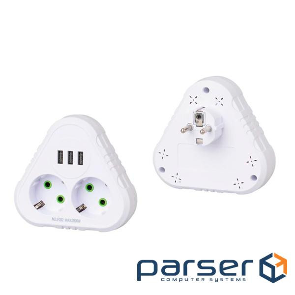 Розетка трійник із заземленням F202-White, 2 розетки+3USB(1А), 2500W, 10A, 110-250V~Max, Blister ), 2500W, 10A, 110-250V~Max, Blister
