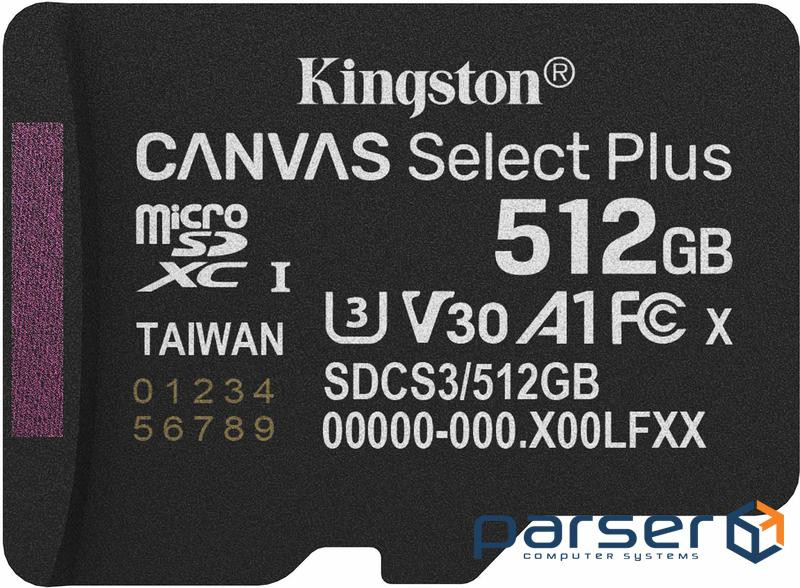 Карта пам"яті Kingston 512GB microSDXC class 10 UHS-I U3 V30 A1 Canvas Select Plus (SDCS3/512GBSP)