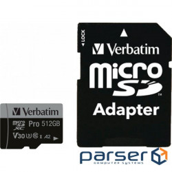 Memory card VERBATIM microSD Pro 512GB UHS-I U3 V30 A2 Class 10 + SD-adapter (47046)