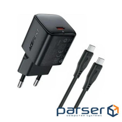 Зарядний пристрій Acefast USB-C PD20W GaN + cable USB-C to USB-C black (6974316286509)