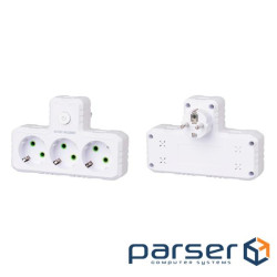 Розетка трійник Т-подібний із заземленням F301-White, 3 розетки, 2500W, 10A, 110-250V~Max, Blister , 2500W, 10A, 110-250