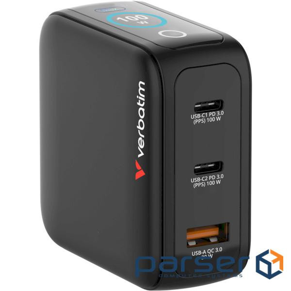 Зарядний пристрій VERBATIM Mini GaN 100W 2xUSB-C, 1xUSB-A, PD3.0, QC3.0 Black (30239)