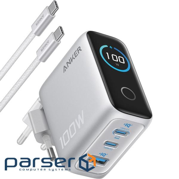 мережева зарядка ANKER GaN Charger 100W, 2xUSB-C PD & 1xUSB-A w Display and Cable (Silver (B121BG41)