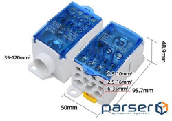 Паралельний розгалужувач-спліттер проводів UKK250, 11виходів(латунь)5-2,5*16мм2*1-35-1 (UKK250 BLUE) 2*1-35-1 (UKK250 BLUE)
