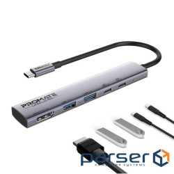 Концентратор USB Type-C Promate LinkHub-5x 5 in 1 Grey