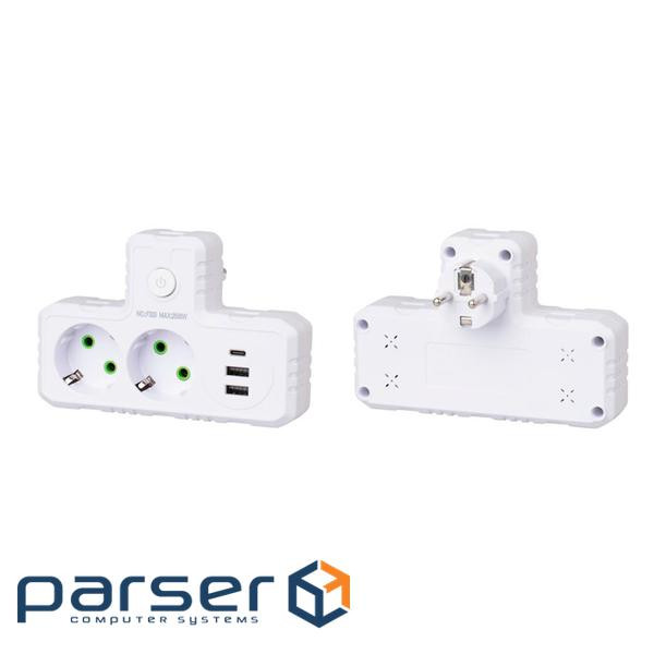 Розетка трійник Т-подібний із заземленням F303-White, 2 розетки+2USB+1Type-C, 2500W, 10A, 110-250V~M +2USB+1Type-C, 2500