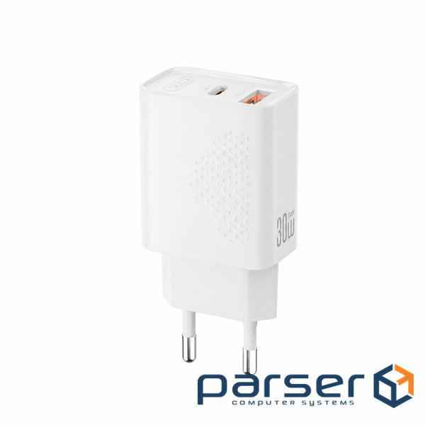 Зарядний пристрій XO QC16U 1xUSB-C PD30W + 1xUSB QC3.0 GaN white (XO-QC16U)