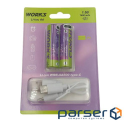 Акумуляторные батарейки Li-ion WRB AA600, тип АА, 1.5V, ype-c, 1480mAh, блістер 2шт (WRBAA600)