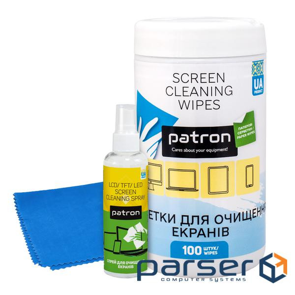 Набір Patron для екранів, що чистить: серветки в тубі (100 шт), спрей 100 мл, мікрофіб (CS-PN-BUNDL-15)