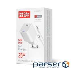 Мережевий зарядний пристрій ColorWay, White, 25 Вт , GaN, 1xType-C (PD3.0), Auto ID (CW-CHS052PDC-WT)