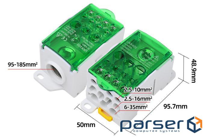 Паралельний розгалужувач-спліттер проводів UKK400, 11виходів(латунь)4-2,5*10мм2*1-95- (UKK400 GREEN) 2*1-95- (UKK400 GREEN)