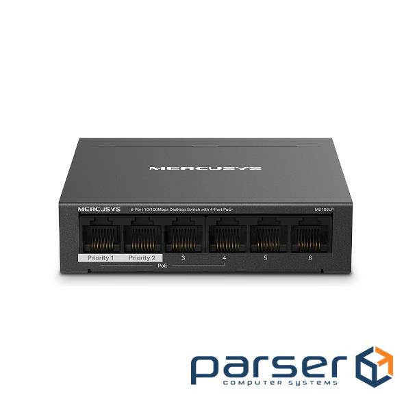 Комутатор 6-портовий 10/100 Мбіт/с ( 4 портів PoE+ ) Mercusys, MS106LP MERCUSYS MS106LP PoE+ ) Mercusys, MS106LP MERCUSYS MS106LP