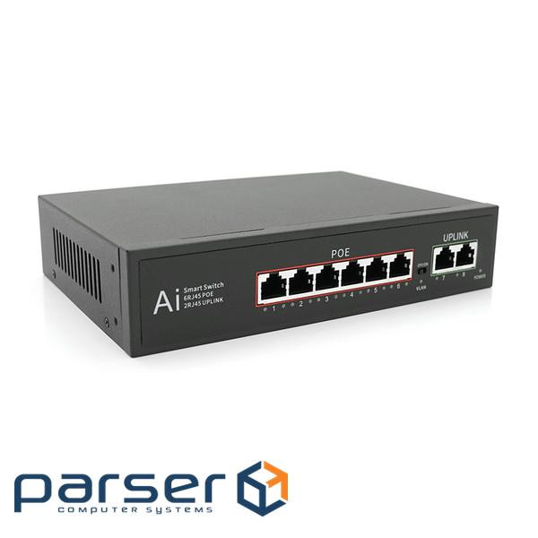 POE комутатор Merlion 6 POE 10/100 + 2 RJ45 10/100 вбудований блок живлення 52V 1.45 (BT-D60046)